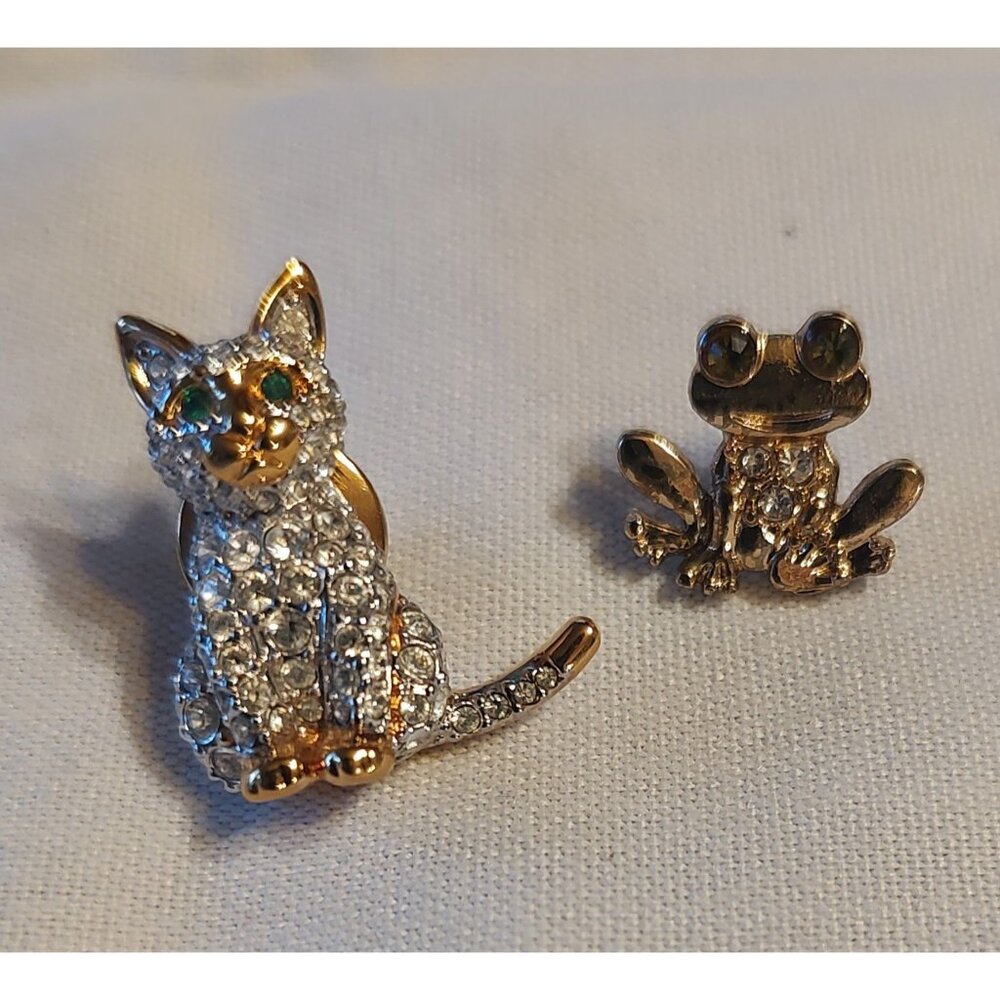 Fashion, pin, crystal, cat, frog, signed, small, sparkly, silver, like new